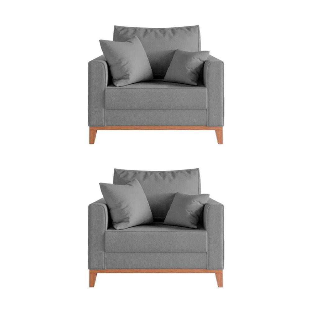 Kit 2 Poltronas Beny Amamentação com 2 Almofadas Base em Madeira Maciça Tecido Linho Cinza