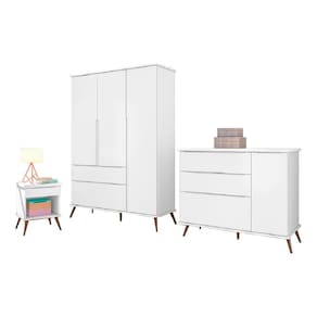 Kit Quarto Infantil Bebê Melinda Retrô Com Pés Cômoda Guarda Roupa 3 Portas e Mesa de Apoio Bco - Phoenix Baby