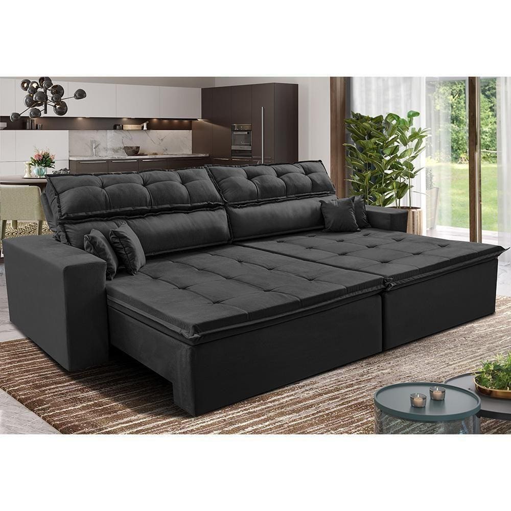 Sofá Retrátil E Reclinável 2,32m Luxos Cama Inbox Velusoft Preto