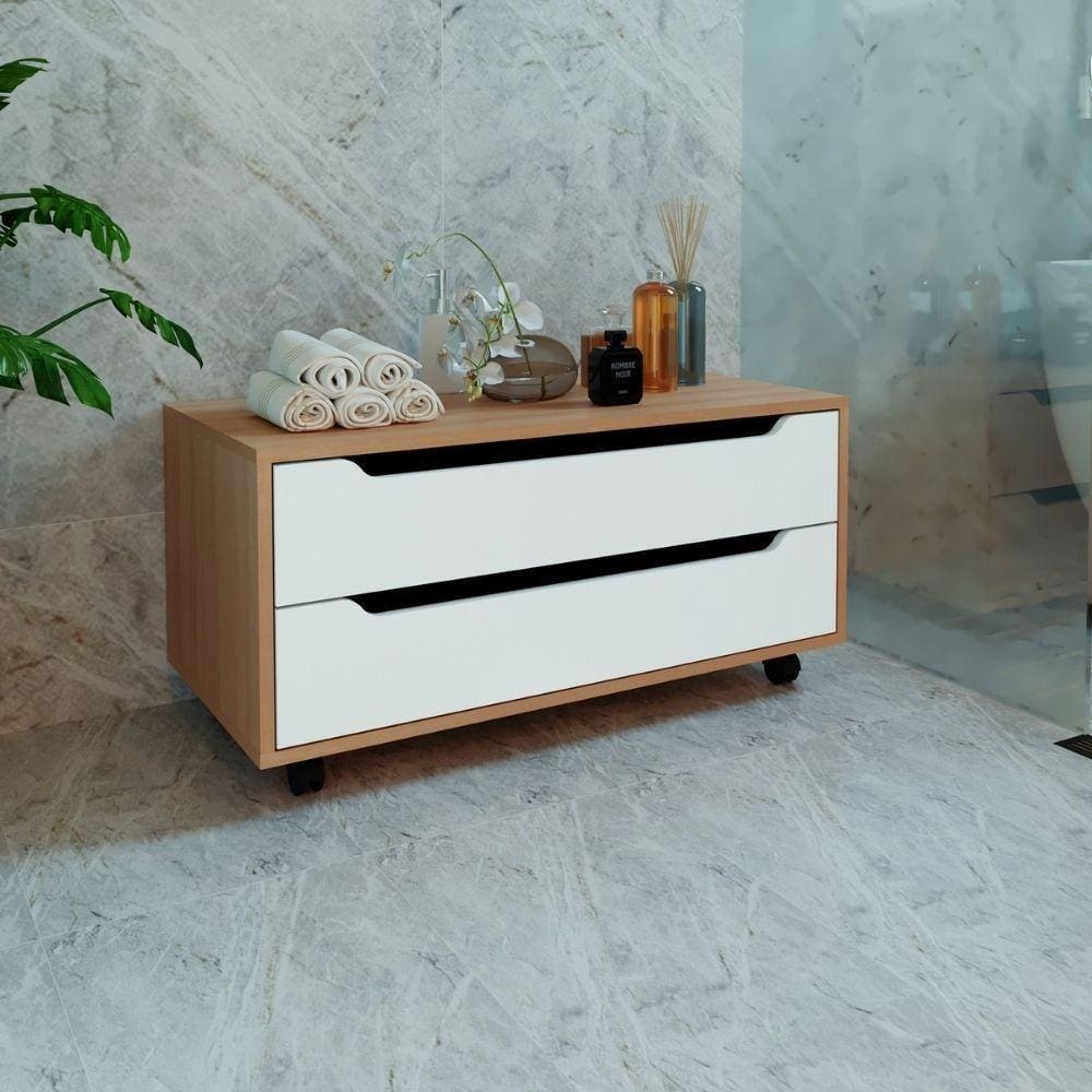 Balcão Gabinete De Chão Para Banheiro Com Rodízios E 2 Gavetas Bn3643 Amêndo-branco Amêndo-branco