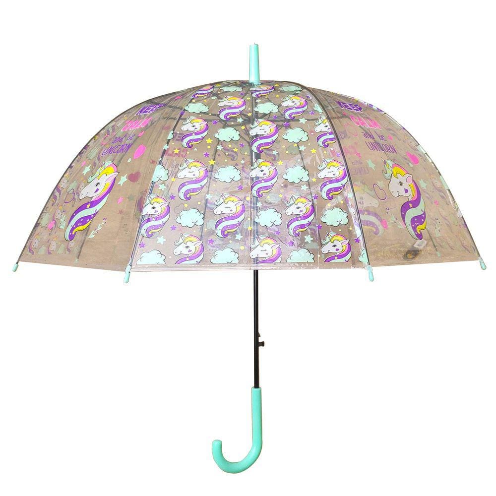 Guarda Chuva Infantil Transparente Unicórnio Abertura Automática: Modelo Curvado Azul