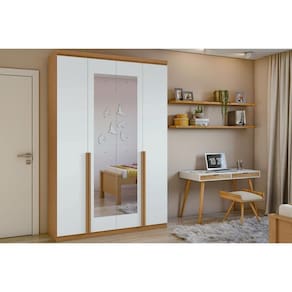 Guarda Roupa Solteiro 4 Portas E 2 Gavetas C- Espelho Alonzo New Amêndoa-branco - Lopas