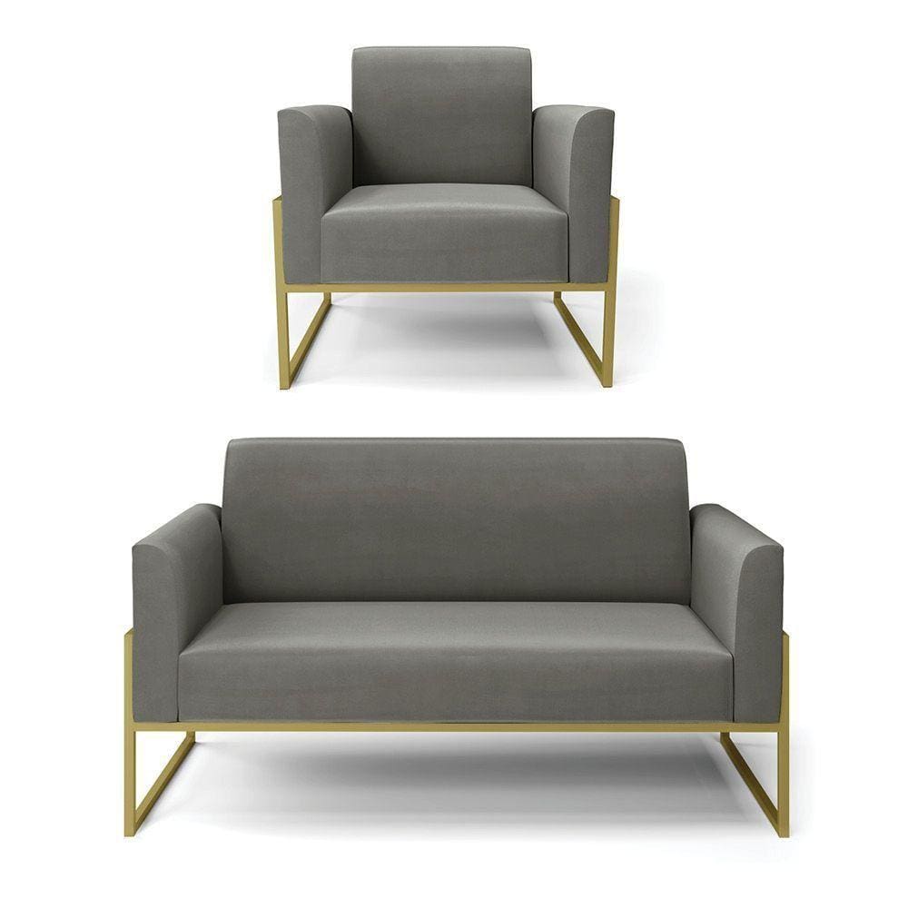 Sofá Namoradeira Com Poltrona Base Industrial Alta Dourado Marisa Suede Grafite D03 - D\`rossi
