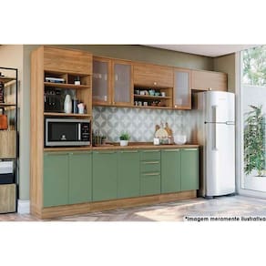 Cozinha Completa Botanic 8 Peças (3 Armários + 2 Balcões + 1 Paneleiro + 2 Complementos) M663 Nogueira-verde Oliva - Kappesberg