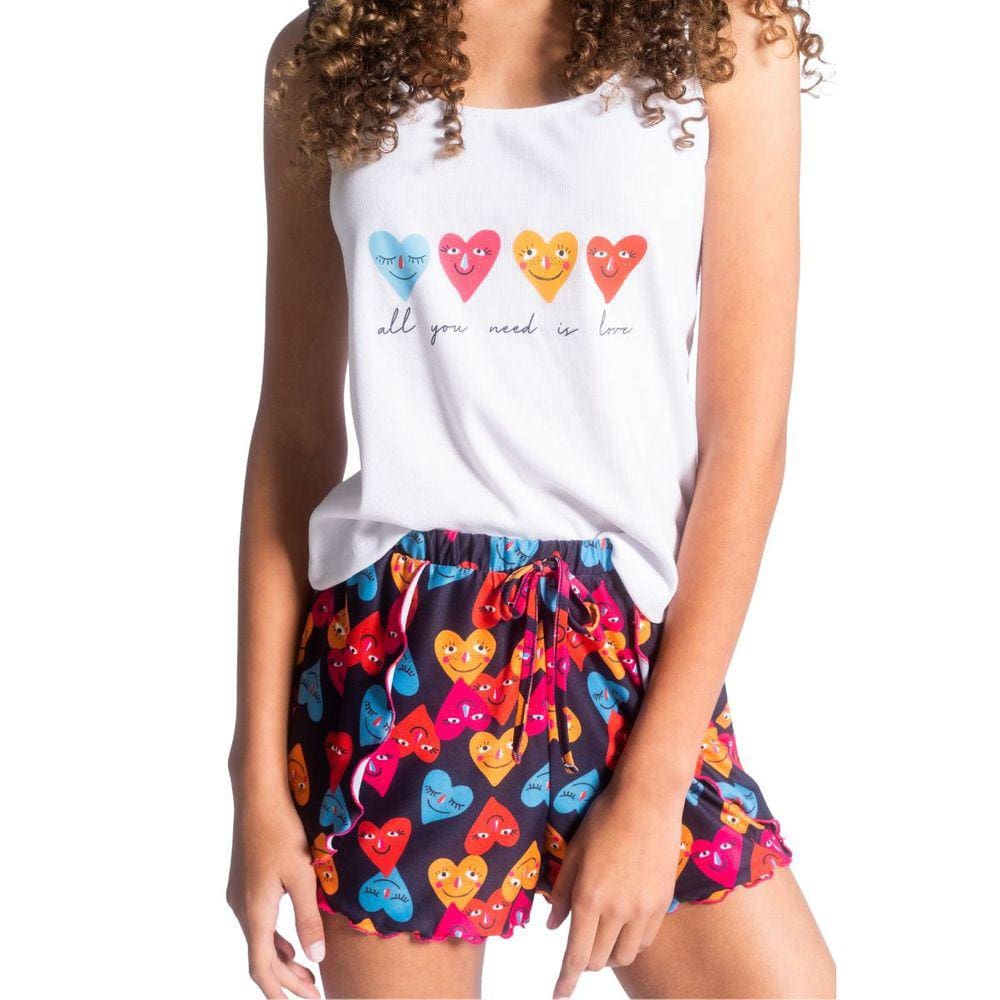Conjunto Pijama Short Doll Fun Estampado Corações De Calor