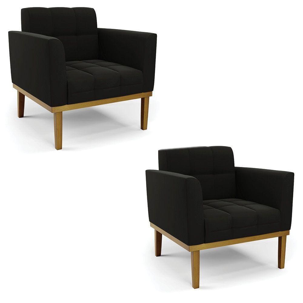Poltrona Base De Madeira Fixa Castanho Kit 2 Elisa Suede D03 - D\`rossi Cor Preto