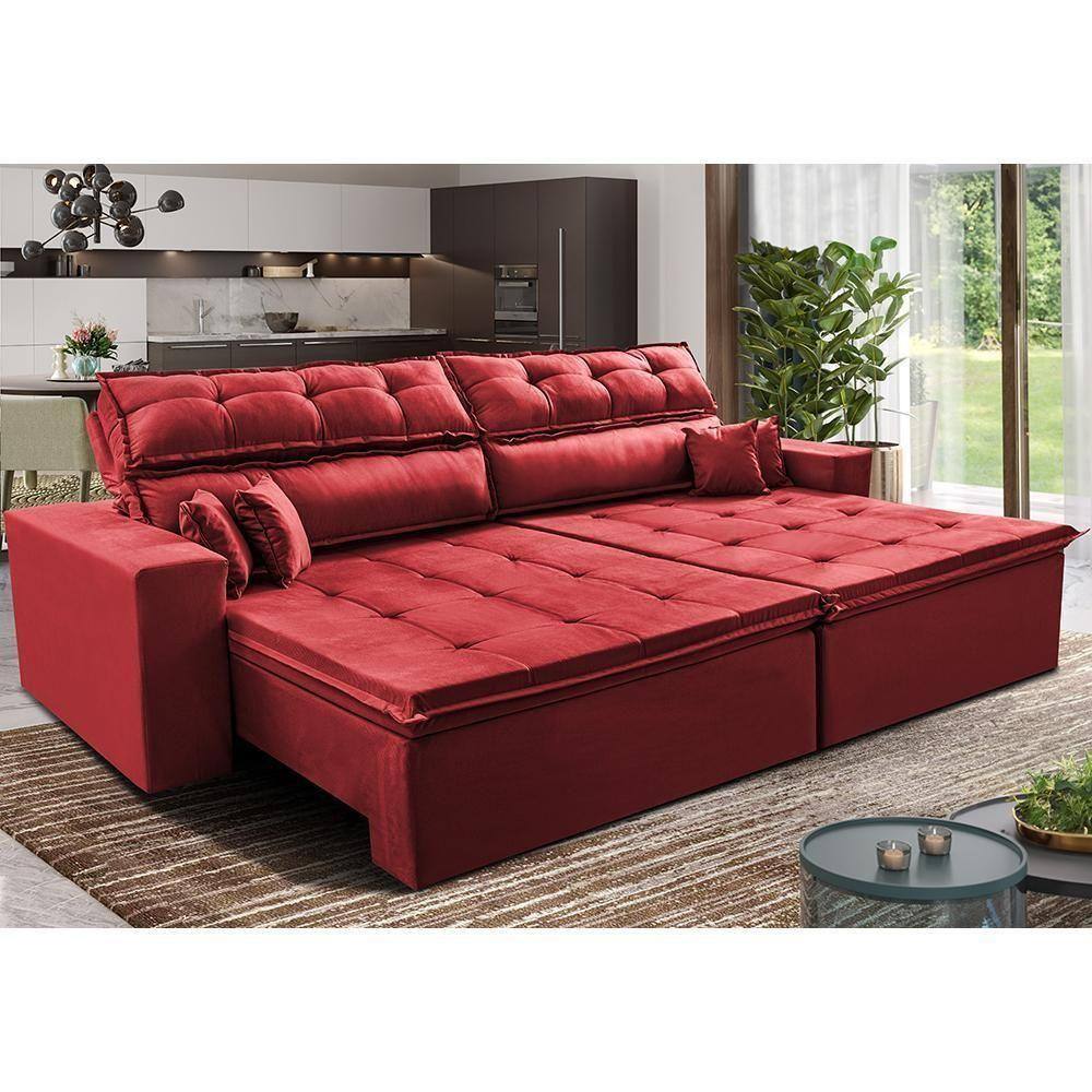 Sofá Retrátil E Reclinável 3,12m Luxos Cama Inbox Velusoft Vermelho