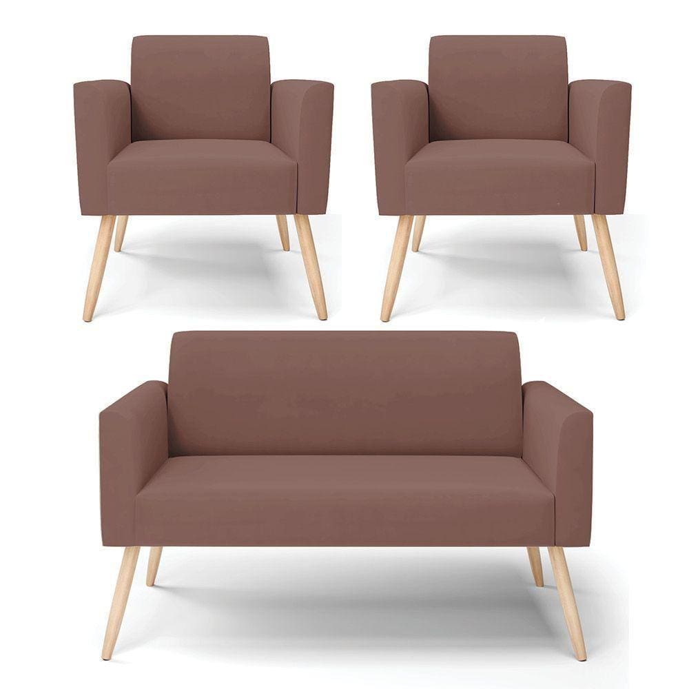 Sofá Namoradeira Com 2 Poltronas Pés Palito Natural Marisa Veludo D03 - D\`rossi Cor Rose