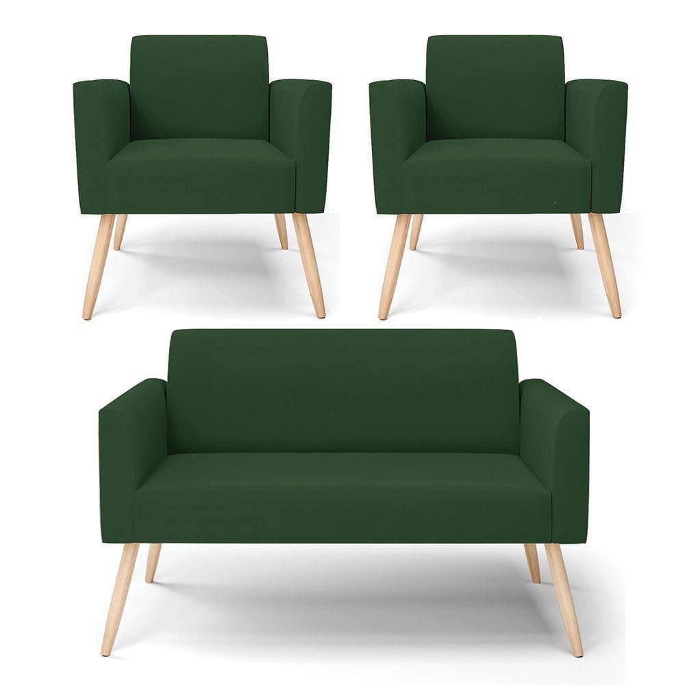 Sofá Namoradeira Com 2 Poltronas Pés Palito Natural Marisa Veludo D03 - D\`rossi Cor Verde