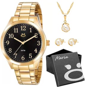 Relogio Feminino Aço Inox Dourado + Caixa + Colar + Brincos