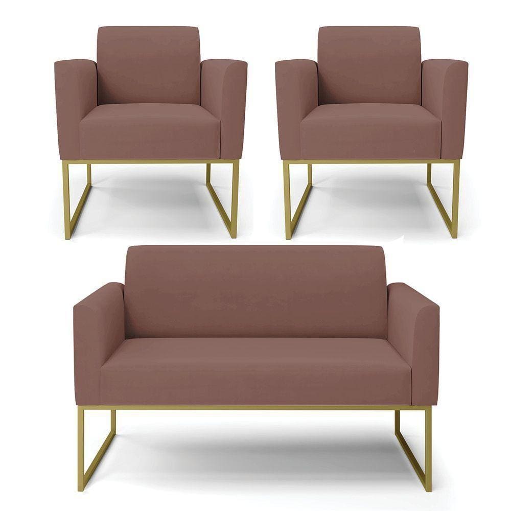 Sofá Namoradeira Com 2 Poltronas Base Industrial Dourado Marisa Veludo D03 - D\`rossi Cor Rose
