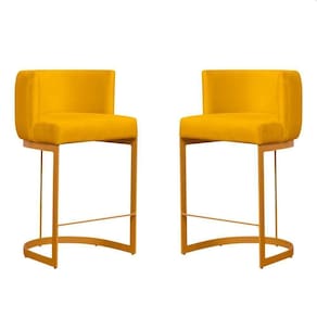 Kit 2 Banquetas Decorativas Para Cozinha Em Suede Amarelo Com Base Dourada Amarelo Com Dourado