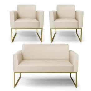 Sofá Namoradeira Com 2 Poltronas Base Industrial Dourado Marisa Corino D03 - D\`rossi Cor Bege