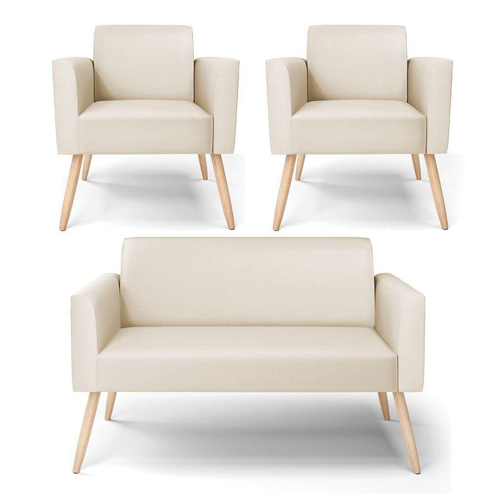 Sofá Namoradeira Com 2 Poltronas Pés Palito Natural Marisa Corino D03 - D\`rossi Cor Bege