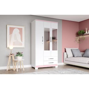 Guarda-Roupa Açai 03 Pts. C/ Espelho Branco/Branco/Rosa-Chá - Henn