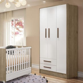 Guarda Roupa De Bebê 3 Portas 2 Gavetas Qmovi Carvalho Rústico/Branco