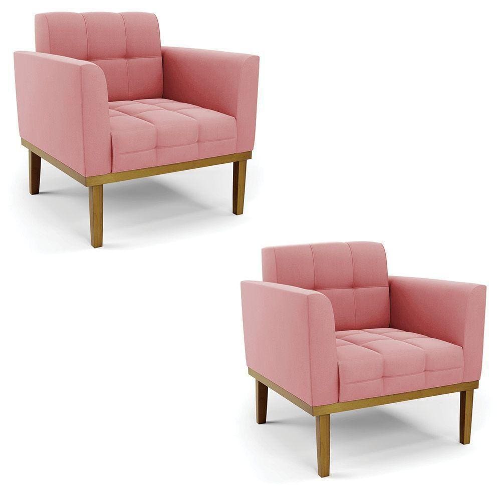 Poltrona Base De Madeira Fixa Castanho Kit 2 Elisa Suede D03 - D\`rossi Cor Rose