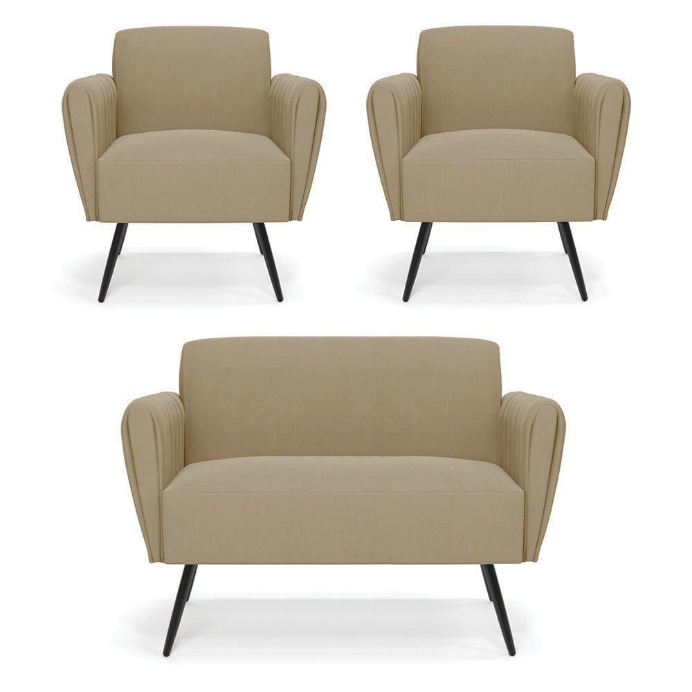 Sofá Namoradeira Com 2 Poltronas Pés Palito De Ferro Bruna Suede - D\`rossi Cor Marrom Rato
