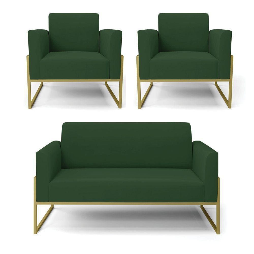 Sofá Namoradeira Com 2 Poltronas Base Industrial Alta Dourado Marisa Veludo Verde D03 - D\`rossi