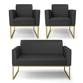 Sofá Namoradeira Com 2 Poltronas Base Industrial Dourado Marisa Corino D03 - D\`rossi Cor Preto