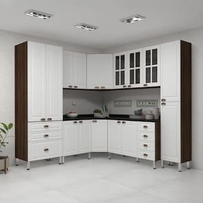 Armário De Cozinha Completa 8 Peças Com Tampos E Vidro Safira Luciane Móveis Nogueira-branco-preto