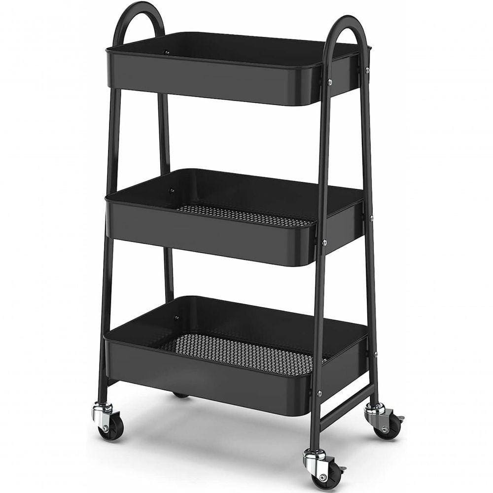 Prateleira Carrinho Organizador De Metal Multiuso Preta 3 Andares - 46*30*77cm Com Rodinhas