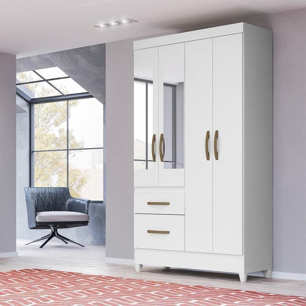 Guarda Roupa Solteiro 4 Portas Com Espelho 2 Gavetas Branco - Rosa - Azul - Lilas Flex Madri - Moval