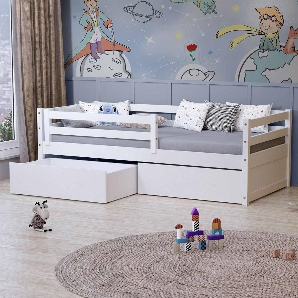 Cama Solteiro Slim Rb Com 02 Gavetas E Grade De Proteção Madeira Maciça Branco Housin