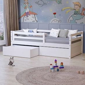 Cama Solteiro Slim Rb Com 02 Gavetas E Grade De Proteção Madeira Maciça Branco Housin