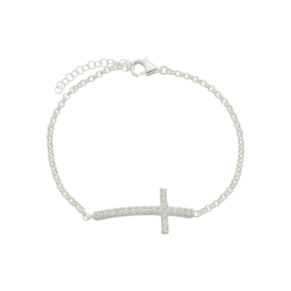 Pulseira Elo Português Prata 925 Cruz Cravejada Feminina