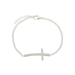 Pulseira Elo Português Prata 925 Cruz Cravejada Feminina