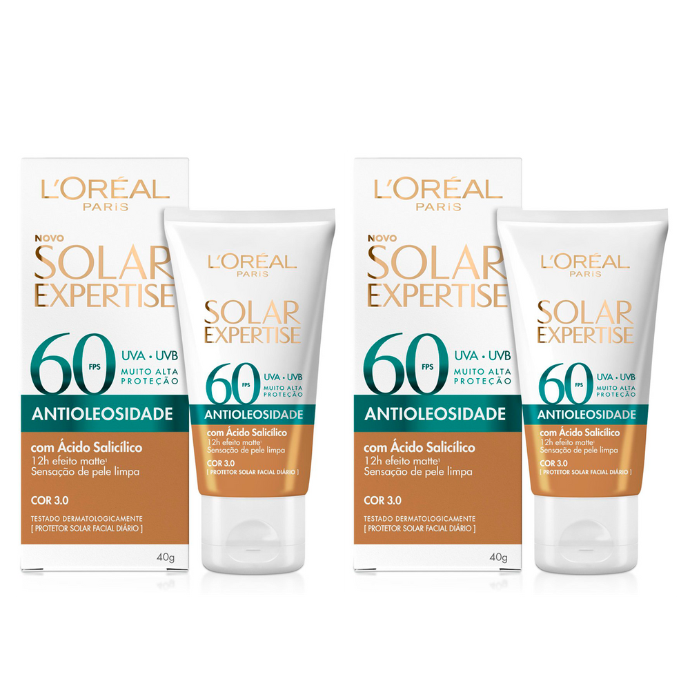 Protetor Solar Facial L Oréal Paris Solar Expertise Antioleosidade Fps60 Cor 3.0 Média 40G - KIT COM 2 UNIDADES