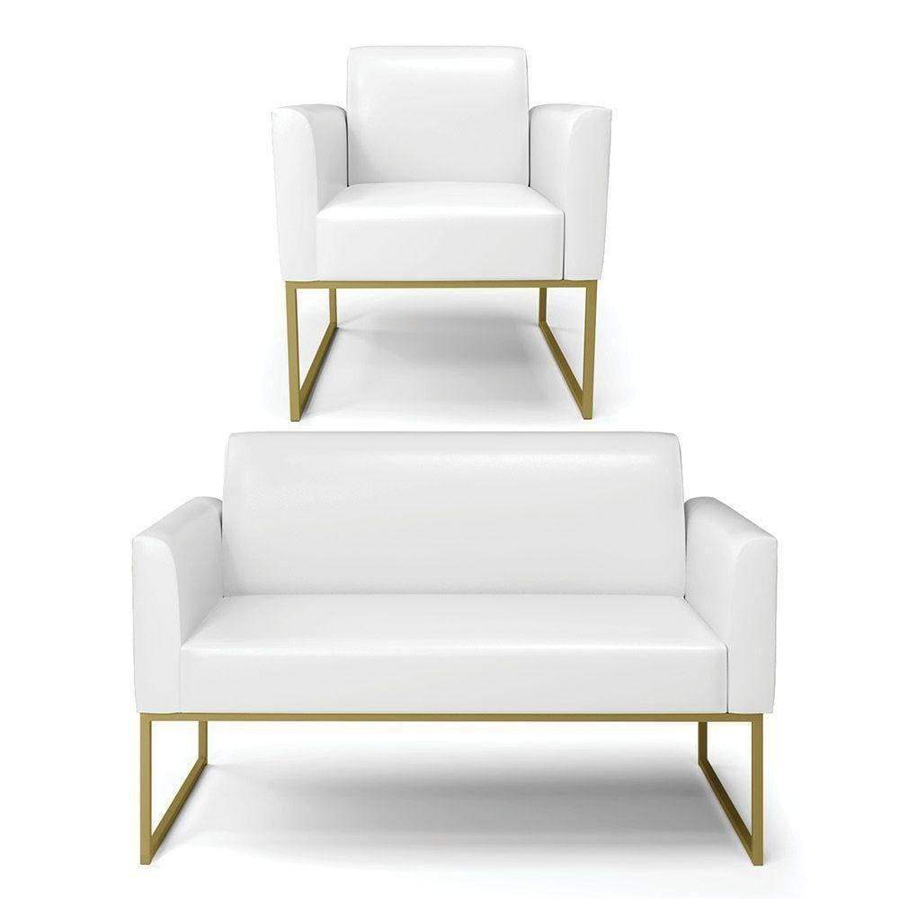 Sofá Namoradeira Com Poltrona Base Industrial Dourado Marisa Corano D03 - D\`rossi Cor Branco