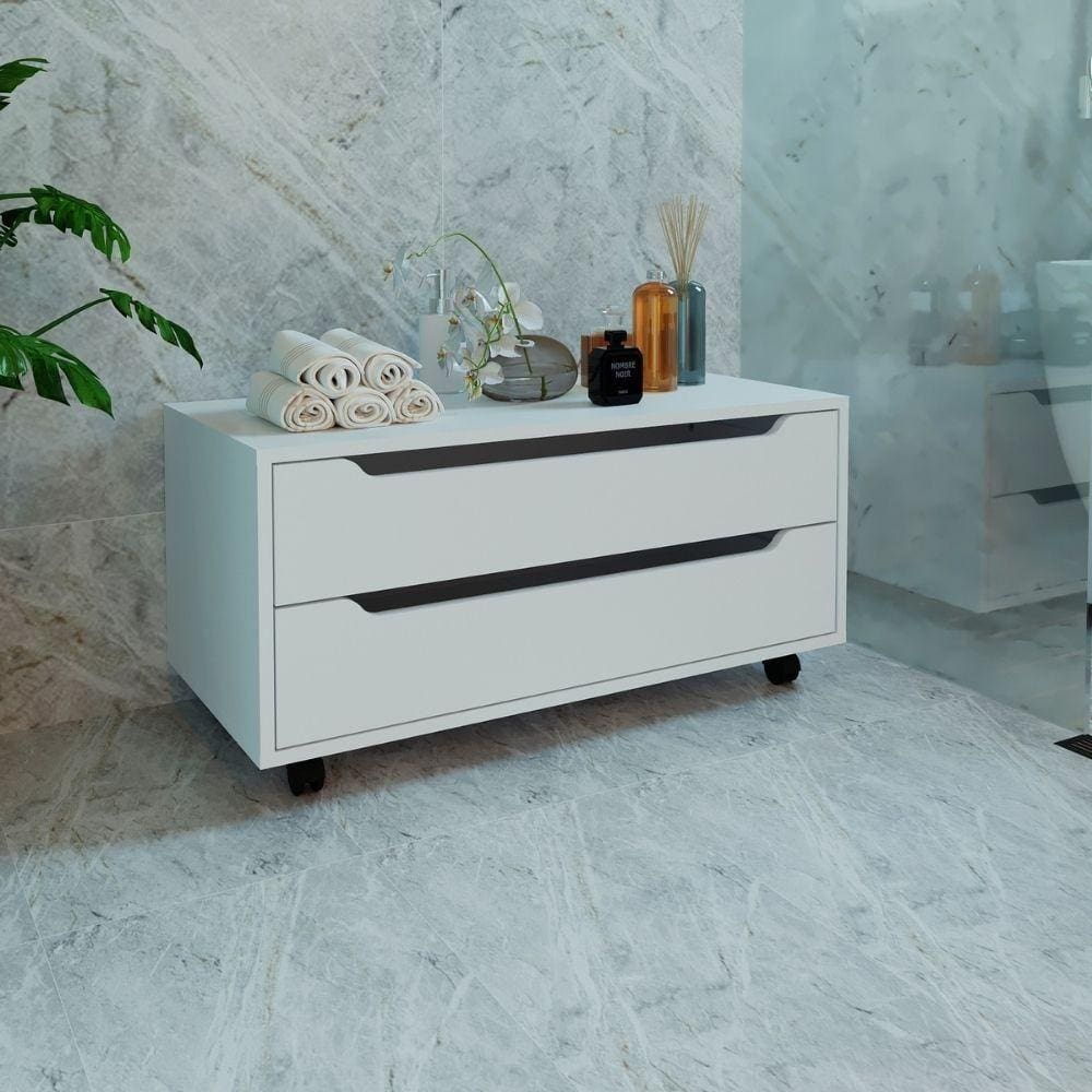 Balcão Gabinete De Chão Para Banheiro Com Rodízios E 2 Gavetas Bn3643 Tecnomobili Branco Branco
