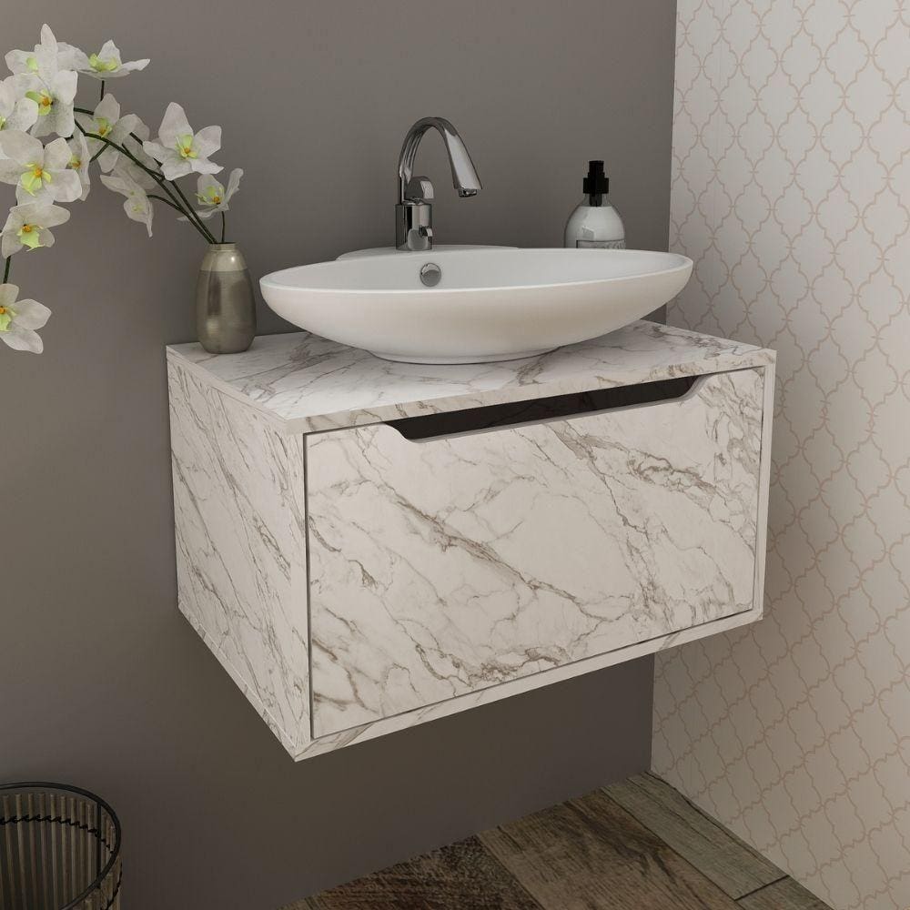 Balcão Gabinete Com 1 Porta 60cm Bn3646 Mármore Branco Tecnomobili Mármore Branco