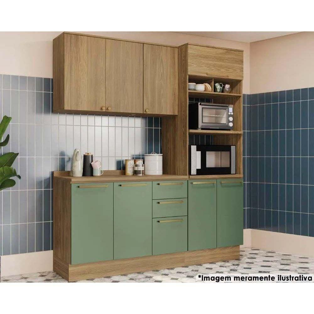 Cozinha Completa Botanic 4 Peças (1 Armário + 1 Balcão + 1 Paneleiro + 1 Complemento) M664 Nogueira-verde Oliva - Kappesberg