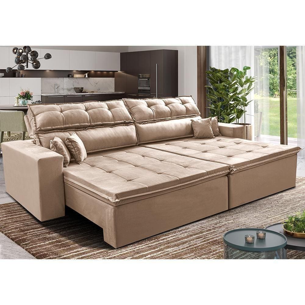 Sofá Retrátil E Reclinável 3,12m Luxos Cama Inbox Velusoft Bege