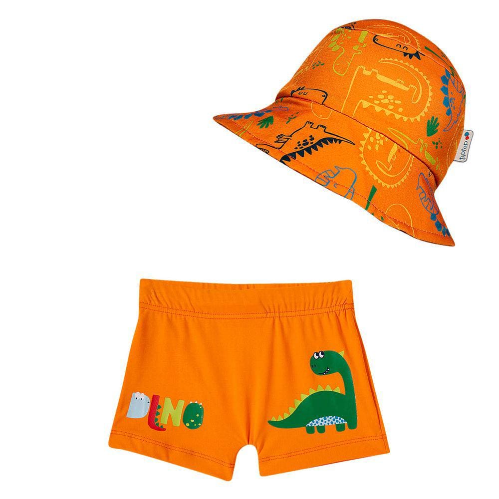 Sunga Boxer Bebê e Infantil com Chapéu Dino Laranja Tip Top