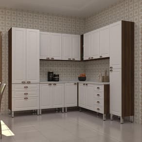 Armário De Cozinha Completa 8 Peças Com Tampo Safira Luciane Móveis Nogueira-branco Pet-mármore