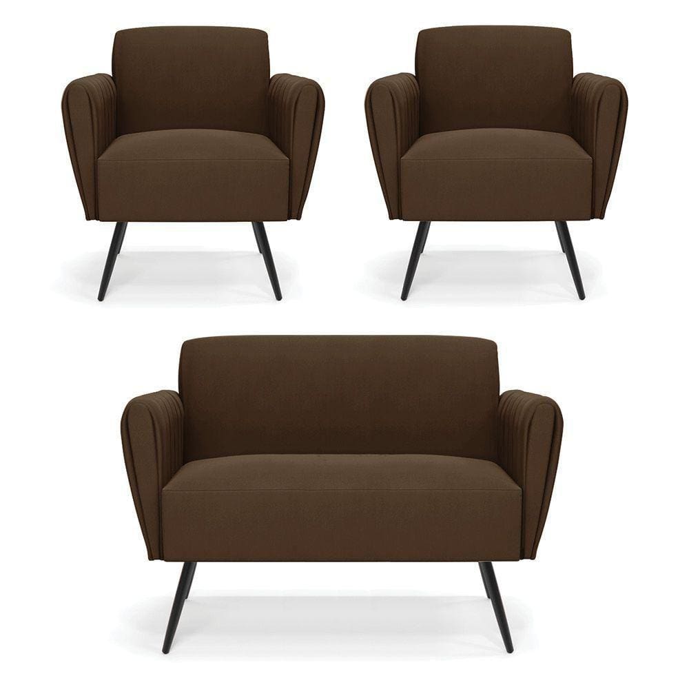 Sofá Namoradeira Com 2 Poltronas Pés Palito De Ferro Bruna Suede Marrom - D\`rossi