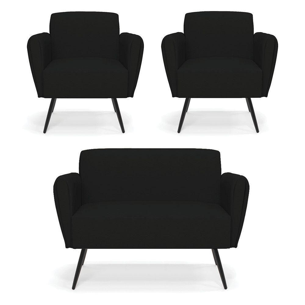 Sofá Namoradeira Com 2 Poltronas Pés Palito De Ferro Bruna Linho - D\`rossi Cor A79 Preto