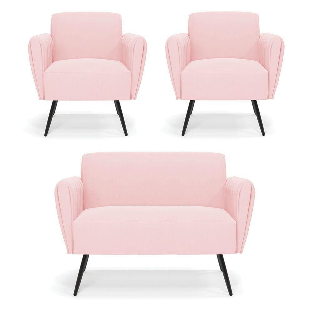 Sofá Namoradeira Com 2 Poltronas Pés Palito De Ferro Bruna Suede - D\`rossi Cor Rosa Bebê