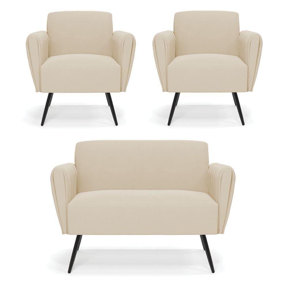 Sofá Namoradeira Com 2 Poltronas Pés Palito De Ferro Bruna Suede - D\`rossi Cor Bege