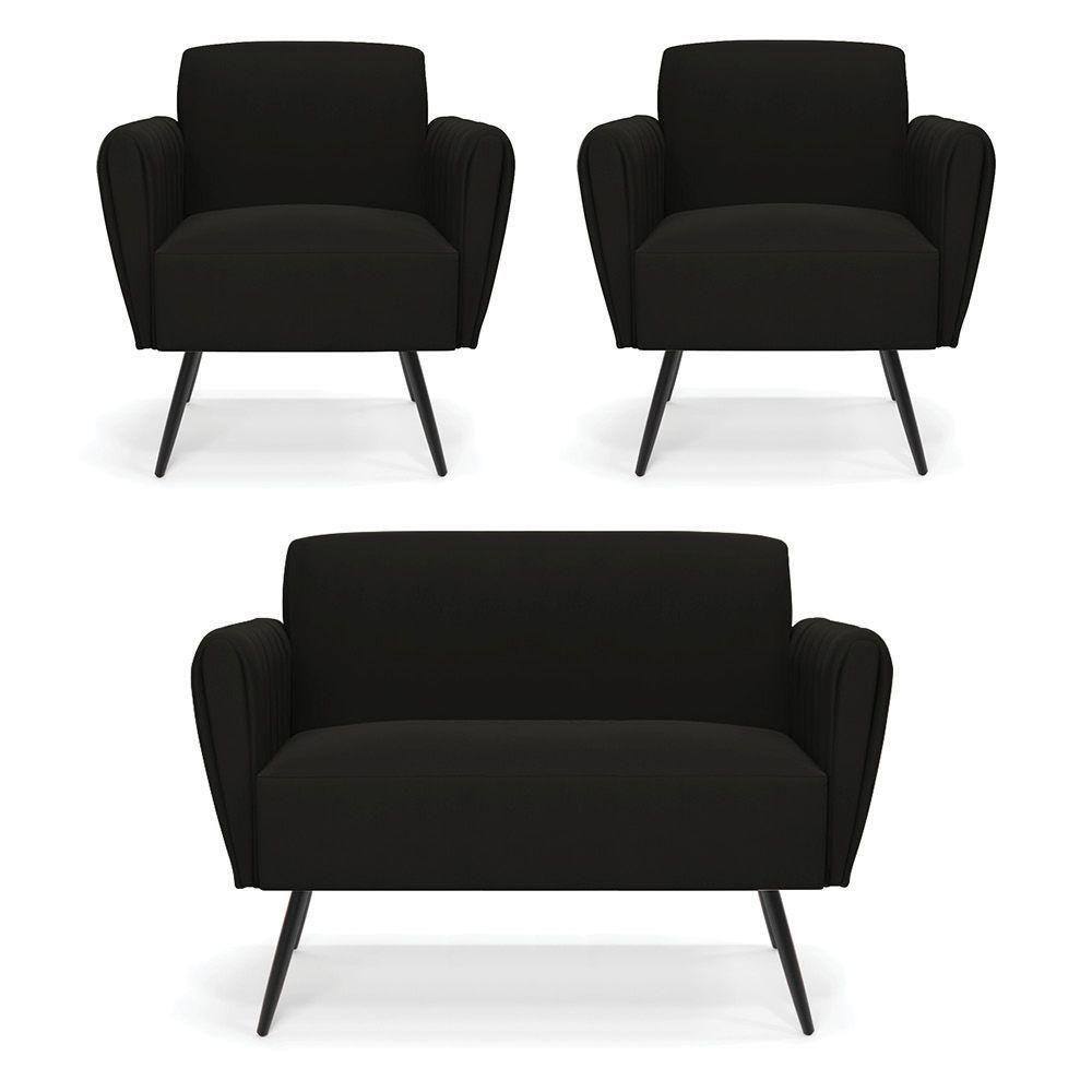 Sofá Namoradeira Com 2 Poltronas Pés Palito De Ferro Bruna Suede Preto - D\`rossi
