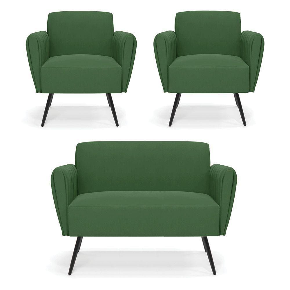 Sofá Namoradeira Com 2 Poltronas Pés Palito De Ferro Bruna Suede Verde - D\`rossi