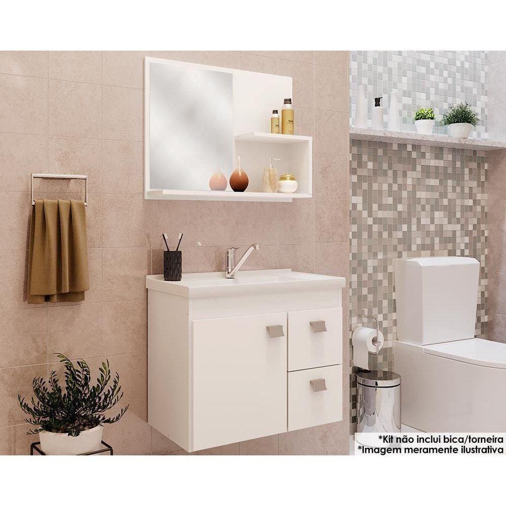Balcão PBanheiro Suspenso Hortência Isa 1pta E 2gavs armário Espelheira bancada Pia 55cm Branco Mgm