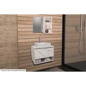 Conjunto De Banheiro Armário C- Espelho Bn3609 E Balcão Suspenso Bn3606 S- Cuba Pia 60cm Cor Mármore Branco - Tecno Mobili
