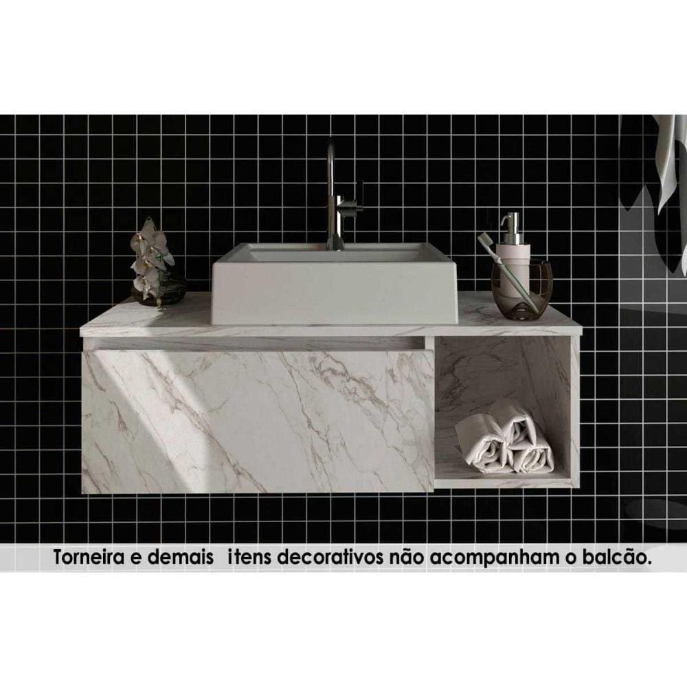 Conjunto De Banheiro Balcão Suspenso Bn3601 C- Cuba Pia Bn3600 80cm Cor Mármore Branco Tecno Mobili