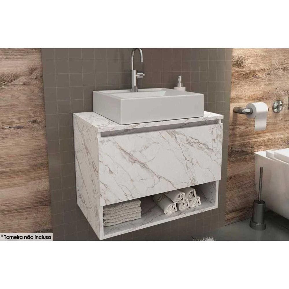Conjunto De Banheiro Balcão Suspenso Bn3606 C- Cuba Pia Bn3600 60cm Cor Mármore Branco - Tecno Mobili