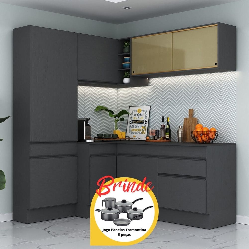 Armário de Cozinha Completa de Canto com Rodapé Veneza Multimóveis MP2089.895 Preto
